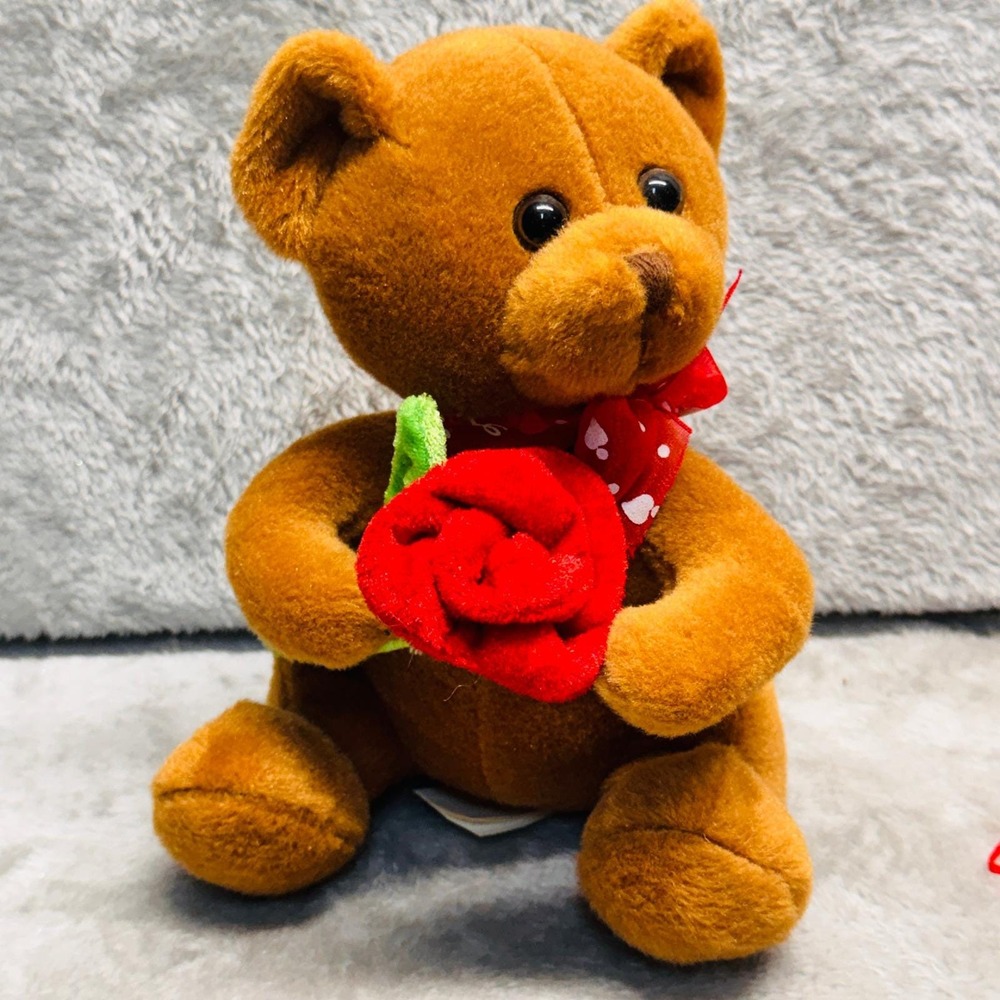 Vintage Teddy Bear Stuffed Plush Holding Red Rose Love Romantic Couple Gift